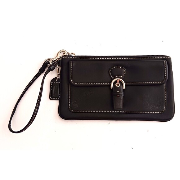 Coach Soho Blk Leather Wristlet Silver Buckle Front Pocket White Contrast Stitch - Picture 1 of 9